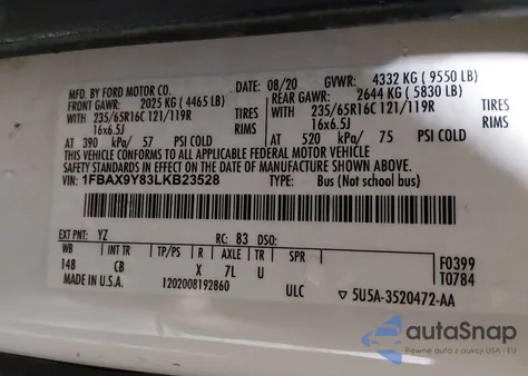 2020 Ford Transit-350 Passenger Van Xl z USA, uszkodzony, nr VIN 1FBAX9Y83LKB23528